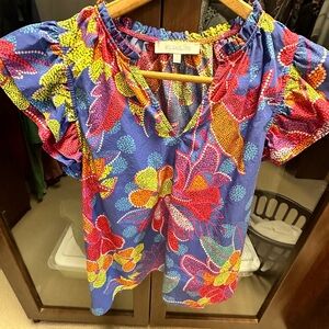 Amazonia Blue Risette Ruffle Cap Sleeve Split Neck Top.